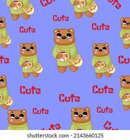 Cute seamless pattern on a blue background with cozy, teddy bear and cute lettering. Hand drawn teddy bear and funny lettering. Texture for scrapbooking, wrapping paper, invitations.