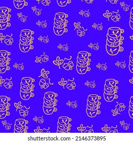 Patrón perfecto en un fondo azul con té acogedor y hojas de otoño. Bebidas atractivas a mano y hojas de otoño. Textura para la reserva de recortes, papel de envoltura, invitaciones.