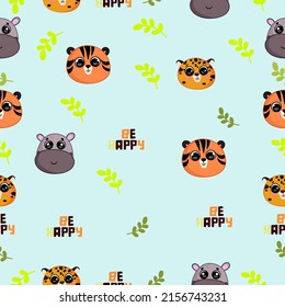Cute seamless pattern on a blue background with cute hippopotamus and tiger animals and fresh plants. Texture for scrapbooking, wrapping paper, invitations. Vector illustration.