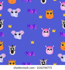 Cute seamless pattern on a blue background with cute animals, as well as a beautiful crown and a cozy inscription. Texture for scrapbooking, wrapping paper, invitations. Vector illustration.