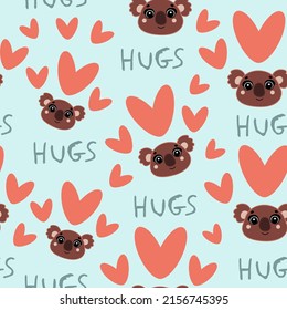 Cute seamless pattern on a blue background with a cute koala and beautiful hearts. Texture for scrapbooking, wrapping paper, invitations. Vector illustration.