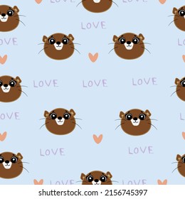 Cute seamless pattern on a blue background with a cute otter and beautiful hearts. Texture for scrapbooking, wrapping paper, invitations. Vector illustration.