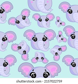 Cute seamless pattern on blue background with a cozy elephant.
Texture for scrapbooking, wrapping paper, invitations. Vector illustration.