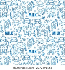 Patrón impecable sobre fondo azul decorado con una pequeña caja de leche de vaca y diseño salpicado para el día mundial de la leche.