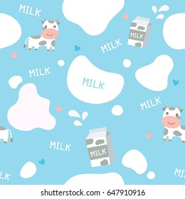 Cute seamless pattern on blue background decorated with little cows milk box and splash design for world milk day.