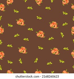 Cute seamless pattern on a brown background with delicious peaches and herbs. Texture for scrapbooking, wrapping paper, invitations. Vector illustration.