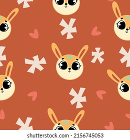 Cute seamless pattern on a cozy brown background with a cute bunny and beautiful hearts. Texture for scrapbooking, wrapping paper, invitations. Vector illustration.