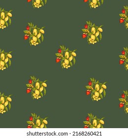 Cute seamless pattern on a dark green background with beautiful and delicious lemons. Texture for scrapbooking, wrapping paper, invitations. Vector illustration.