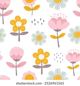 Cute seamless pattern on floral and butterfly theme. cute floral pattern in hand drawn style. suitable for baby designs