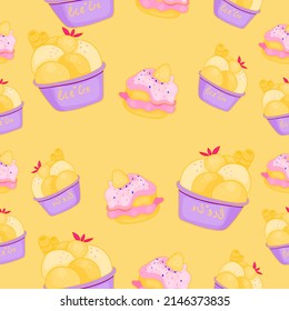 Cute seamless pattern on a cute, gentle, yellow background with a cake and delicious ice cream. Texture for scrapbooking, wrapping paper, invitations. Vector illustration.