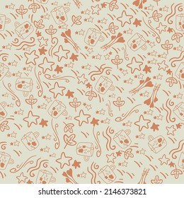 Cute seamless pattern on a gray background with delicious tea and stars. Hand drawn tea and stars. Texture for scrapbooking, wrapping paper, invitations.