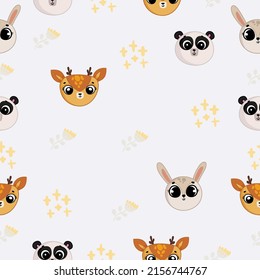 Cute seamless pattern on a gray background with cute bunny, deer and panda, as well as cute flowers and stars. Texture for scrapbooking, wrapping paper, invitations. Vector illustration.
