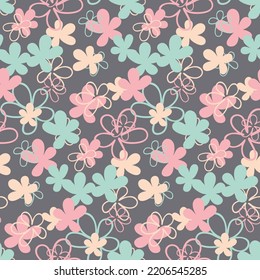 Cute seamless pattern on gray background, flower heart leaf pastel color, vector illustration for textile and wrapping paper