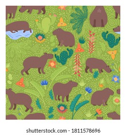 Cute seamless pattern on green with capybaras grazing in the meadow. Cute backdrop for kids apparel, print. Zoo design with funny adorable animals. Childish design for textile. Plants, flowers element