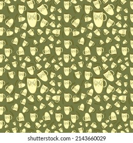 Cute seamless pattern on green background with cozy coffee. Hand drawn delicious drinks.Texture for scrapbooking, wrapping paper, invitations.
