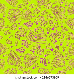 Cute seamless pattern on a green background with a delicious cake and cute stars. Hand drawn delicious cake and stars. Texture for scrapbooking, wrapping paper, invitations.