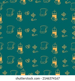 Cute seamless pattern on a green background with delicious coffee and toast. Hand drawn coffee and toast. Texture for scrapbooking, wrapping paper, invitations. Vector illustration.