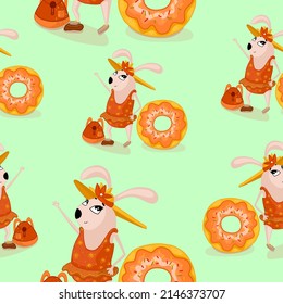 
Cute seamless pattern on a light green background, with a cozy bunny in a bathing suit. Texture for scrapbooking, wrapping paper, invitations. Vector illustration.
