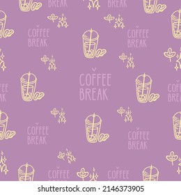 Cute seamless pattern on a light purple background with cozy coffee and cute lettering. Hand drawn delicious drinks and funny lettering. Texture for scrapbooking, wrapping paper, invitations.