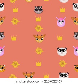 Cute seamless pattern on a peach background with cozy animals, beautiful flowers and a crown.Texture for scrapbooking, wrapping paper, invitations. Vector illustration.