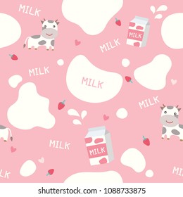 Cute seamless pattern on pink  background decorated with little cows, strawberry flavor  milk box and splash design for world milk day.