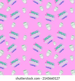 Cute seamless pattern on pink background with cozy coffee and cute lettering. Hand drawn delicious drinks and funny lettering. Texture for scrapbooking, wrapping paper, invitations.