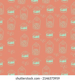 Cute seamless pattern on a pink background with a hamburger and a jar of sugar and mushrooms. Hand drawing of delicious burgers and mushrooms. Texture for scrapbooking, wrapping paper, invitations.