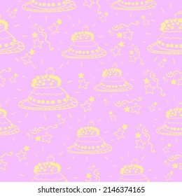 Cute seamless pattern on a pink background with a delicious cake and cute stars. Hand drawn delicious cake and stars. Texture for scrapbooking, wrapping paper, invitations.