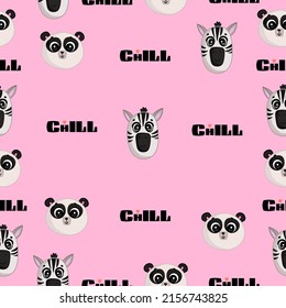 Patrón impecable en el fondo rosa con bellas pandas y cebra, una bonita letra. Textura para la reserva de recortes, papel de envoltura, invitaciones. Ilustración vectorial.