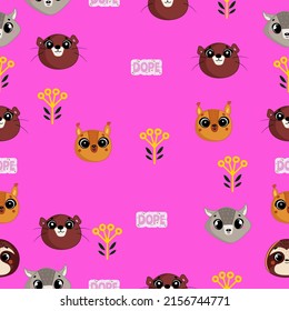 Cute seamless pattern on pink background with cute otter, wolf, squirrel and sloth and cute lettering. Texture for scrapbooking, wrapping paper, invitations. Vector illustration.