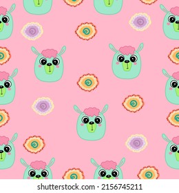Cute seamless pattern on pink background with beautiful alpaca and cute flowers. Texture for scrapbooking, wrapping paper, invitations. Vector illustration.