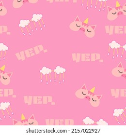 Cute seamless pattern on a pink background with cozy girly things and cute lettering.
Texture for scrapbooking, wrapping paper, invitations. Vector illustration.