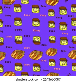 Cute seamless pattern on purple background with cozy jam jar, plaid and cute lettering. Hand drawn jam and funny lettering. Texture for scrapbooking, wrapping paper, invitations.