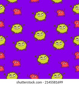 Cute seamless pattern on a purple background with cute fluffies. Hand drawn cute fluffy. Texture for scrapbooking, wrapping paper, invitations.