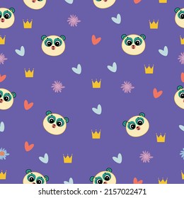 Cute seamless pattern on purple background with cozy panda and cute flowers, hearts and crown.
Texture for scrapbooking, wrapping paper, invitations. Vector illustration.