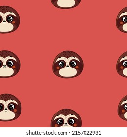 Cute seamless pattern on red background with cozy sloth.
Texture for scrapbooking, wrapping paper, invitations. Vector illustration.