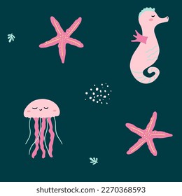 Cute seamless pattern on a sea theme with jellyfish, starfish, and a seahorse. Oceanic background design for children's wallpaper or fabric for kids.