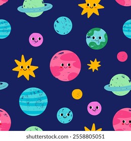 Cute seamless pattern on a space theme. Hand drawn planets with texture effect. Children's illustration with stars for design. Lovely faces.