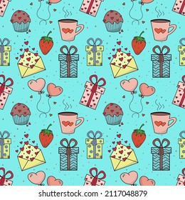 Cute seamless pattern on the theme of Valentine's Day, wedding, romantic events. Contour vector icons on a blue background.For websites and interfaces, mobile applications, icons, postcards.