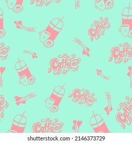 Cute seamless pattern on a turquoise background with cozy coffee and cute lettering. Hand drawn delicious drinks and funny lettering. Texture for scrapbooking, wrapping paper, invitations. 
