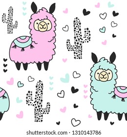Cute seamless pattern on white background, llama and cactus, vector illustration
