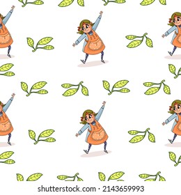 Cute seamless pattern on a white background with a cozy girl and cute leaves. Hand drawn girl and leaves. Texture for scrapbooking, wrapping paper, invitations.