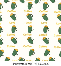 Cute seamless pattern on a white background with cozy coffee and cute lettering. Hand drawn delicious drinks and fun lettering. Texture for scrapbooking, wrapping paper, invitations.