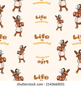 Cute seamless pattern on a white background with a cozy easter bunny and cute lettering. Hand drawn easter bunny and funny lettering. Texture for scrapbooking, wrapping paper, invitations.