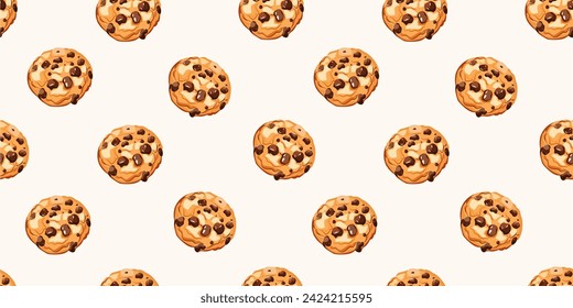 Cute seamless pattern on a white background with chocolate chip cookies. Perfect for print, menu, wrapping paper, wallpaper, various designs. Vector bakery and cafe background