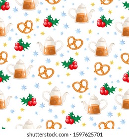 Cute seamless pattern on winter time. Glass teapots with
pretzels and with
holly leaves on white background. Vector illustration.