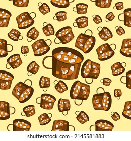 Cute seamless pattern on yellow background with cozy tea. Hand drawing delicious drinks. Texture for scrapbooking, wrapping paper, invitations.