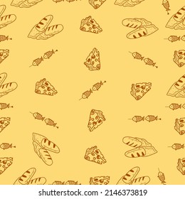 Cute seamless pattern on a yellow background with delicious cheese, bread and fish. Hand drawn delicious cheese and bread. Texture for scrapbooking, wrapping paper, invitations.