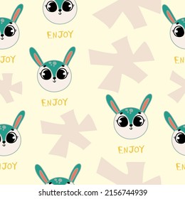 Cute seamless pattern on a yellow background with cute animals and cute lettering. Texture for scrapbooking, wrapping paper, invitations. Vector illustration.