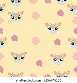 Cute seamless pattern on a yellow background with beautiful abstract spots and deer. Texture for scrapbooking, wrapping paper, invitations. Vector illustration.